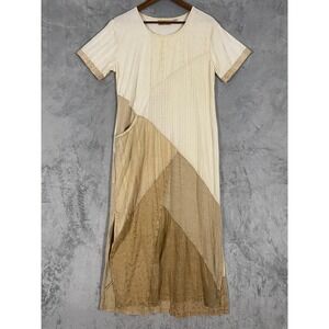 Sacred Threads Maxi Dress Womens Sz M Beige Patchwork Cotton Embroidered Boho